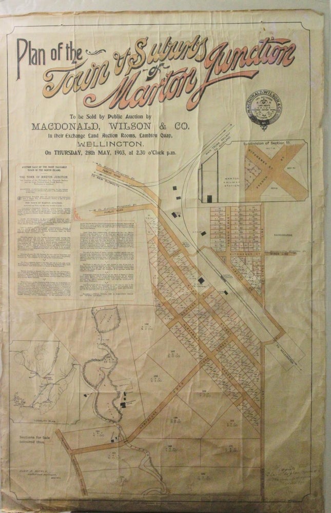 Item #014094 Plan of the Town & Suburbs of Marton Junction to be sold By Public Auction By MacDonald, Wilson & Co, In Their Exchange Land Auction Rooms, Lambton Quay, Wellington. On Thursday, 28th May, 1903, at 2.30 O'clock P.m.