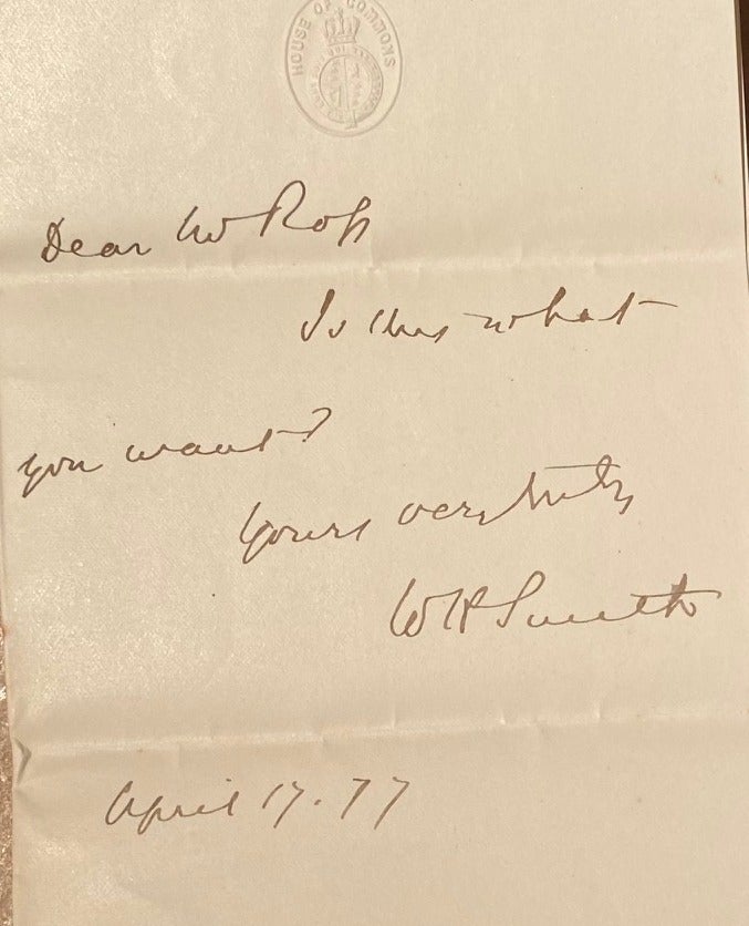 Item #018014 Hand-written signed note. William Henry Smith.