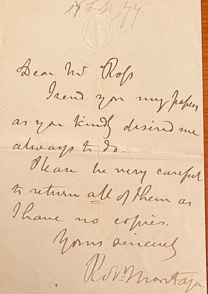 Item #018017 Hand-written note. Lord Robert Montague.