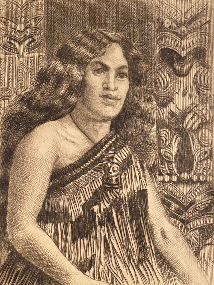 Item #018435 Maori woman in front of carving. Maori.
