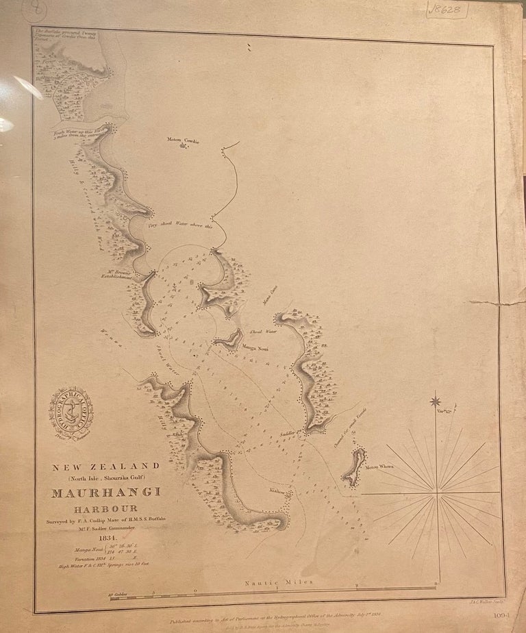 Item #018628 New Zealand, (North Isle, Shouraka Gulf). Maurhangi Harbour. Surveyed by F.A Cudlip, Mate of H.M.S. Buffalo, Mr. F Sadler, Commander, 1834. J, C Walker.