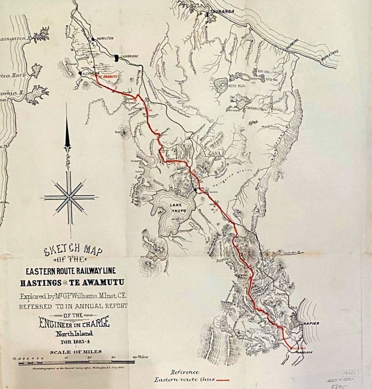 Item #018632 Sketch Map of the Eastern Route Railway Line, Hastings to Te Awamutu, explored by Mr G.P.Williams, MInst. CE, referred to in Annual Report of the Engineer in Charge North Island, for 1883-84.
