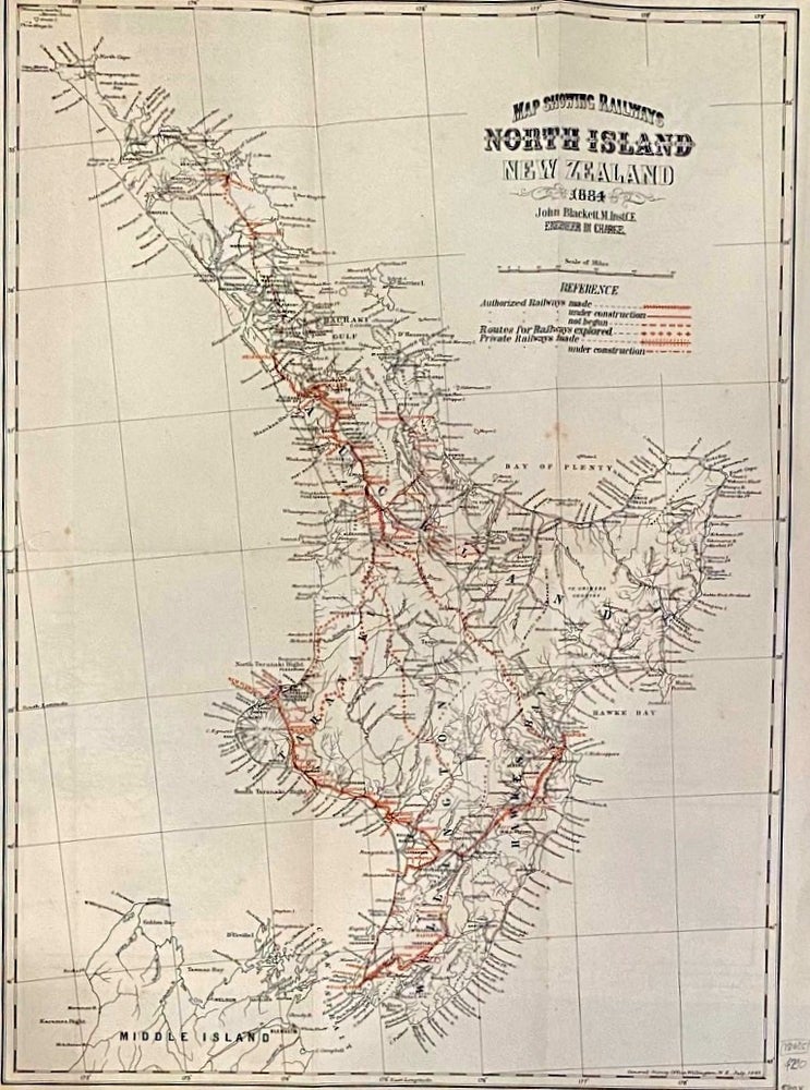 Item #018635 Map Showing Railways of the North Island New Zealand. 1884. John Blackett M. Inst. CE. Engineer in Charge.