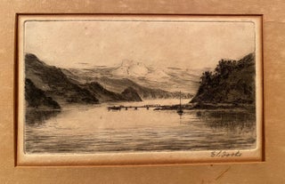 Item #018682 Print of yacht and jetty at rural coastline. E L. Fooks