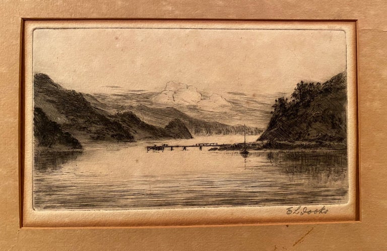 Item #018682 Print of yacht and jetty at rural coastline. E L. Fooks.