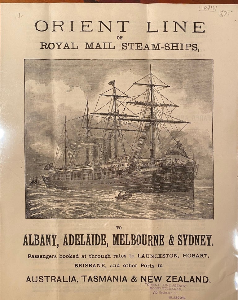 Item #018716 Orient Line of Royal Mail Steamships, to Albany, Adelide, Melbourne & Sydney....