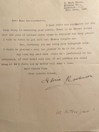 Item #018751 Typed signed letter. Gloria Rawlinson