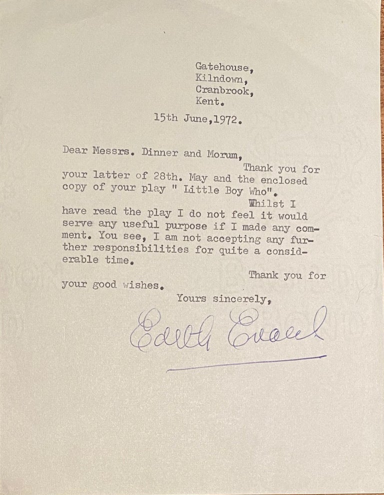 Item #018767 Typed signed letter. Edith Evans.