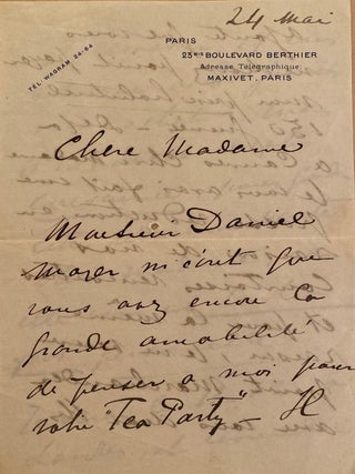 Item #018777 Signed hand-written letter. Yvette Guilbert
