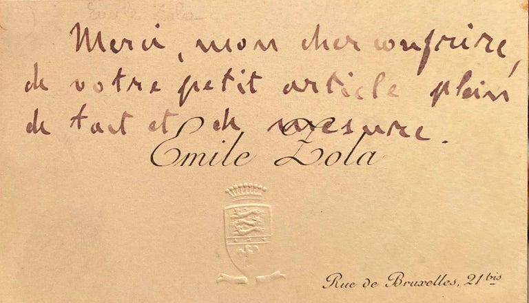 Item #018804 Han-written card. Emile Zola.