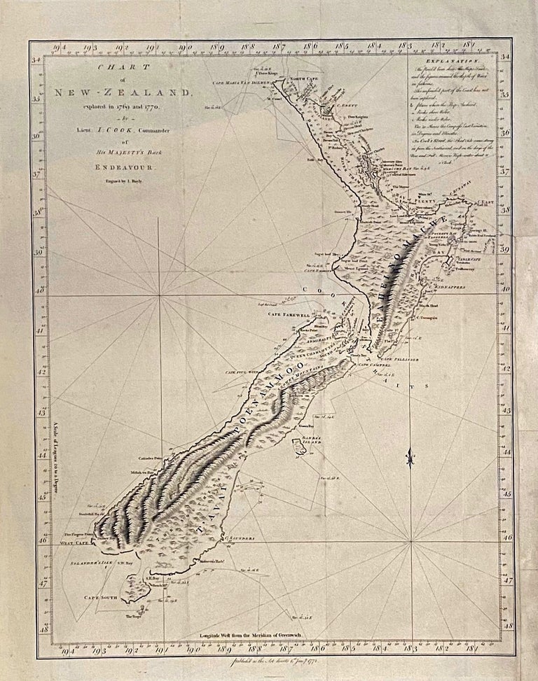 Item #019020 Chart of New Zealand, explored in 1769 and 1770, by Lieut. J Cook, Commander of His Majesty's Bark Endeavour. Cook.