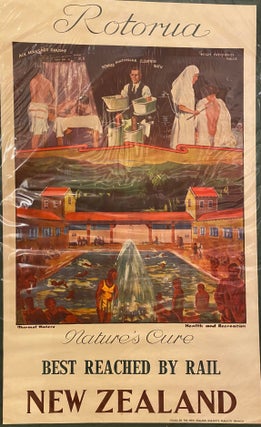 Item #019278 Rotorua, Natures Cure. Best reached by rail. New Zealand. Railway poster