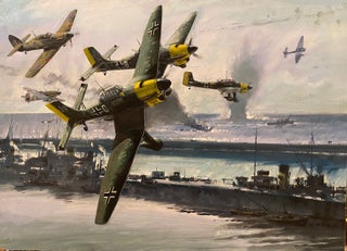 Item #019405 Spitfires chasing German fighters attacking battles ships at dock. Graham Coton