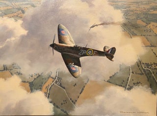 Item #019406 Spitfire flying over wartime country landscape. Ronald Wong