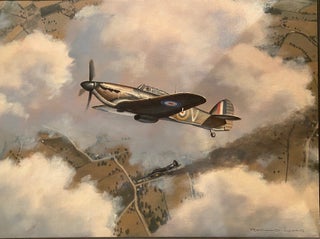 Item #019407 Hurricane flying over wartime country landscape with German fighter plane. Ronald Wong