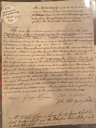 Item #019438 Land sale agreement. John Hill of Whitwell John Nicholas of Kimpton, Hon Thomas Brand