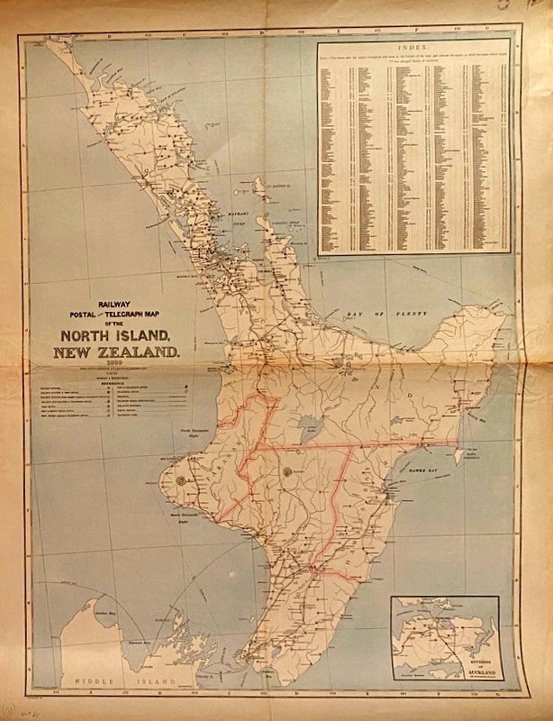 Item #019606 Railway, Postal and Telegraph Map of the North Island New Zealand. 1889. engraver A H. Everson.