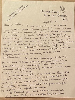Item #020004 Signed hand-written letter. Sir Henry Cotton