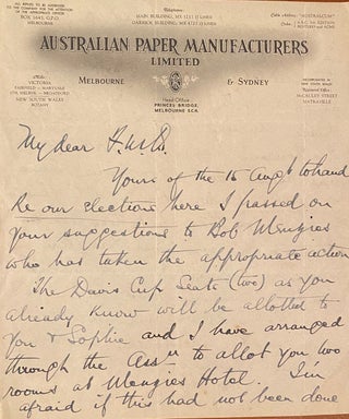 Item #020016 Hand-written letter. Sir Norman Brookes