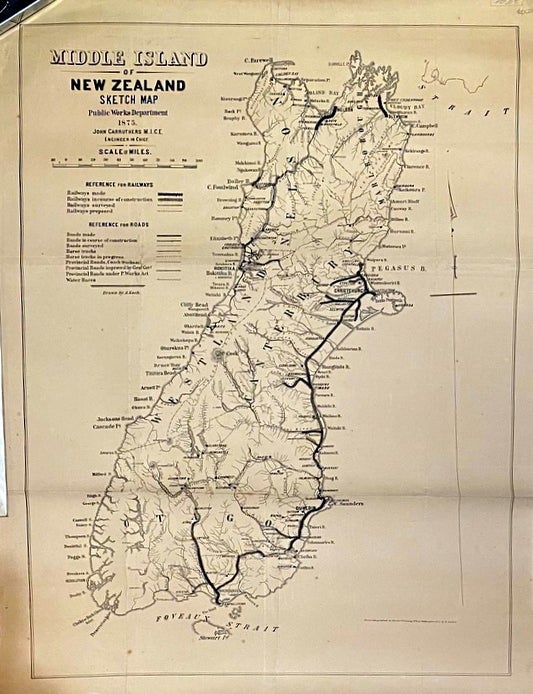 Middle Island of New Zealand. Sketch railway and road Map. Public Works ...