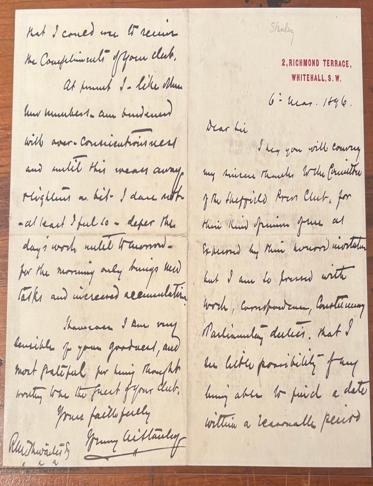 Item #021084 Hand-written signed letter. Sir Henry Morton Stanley.